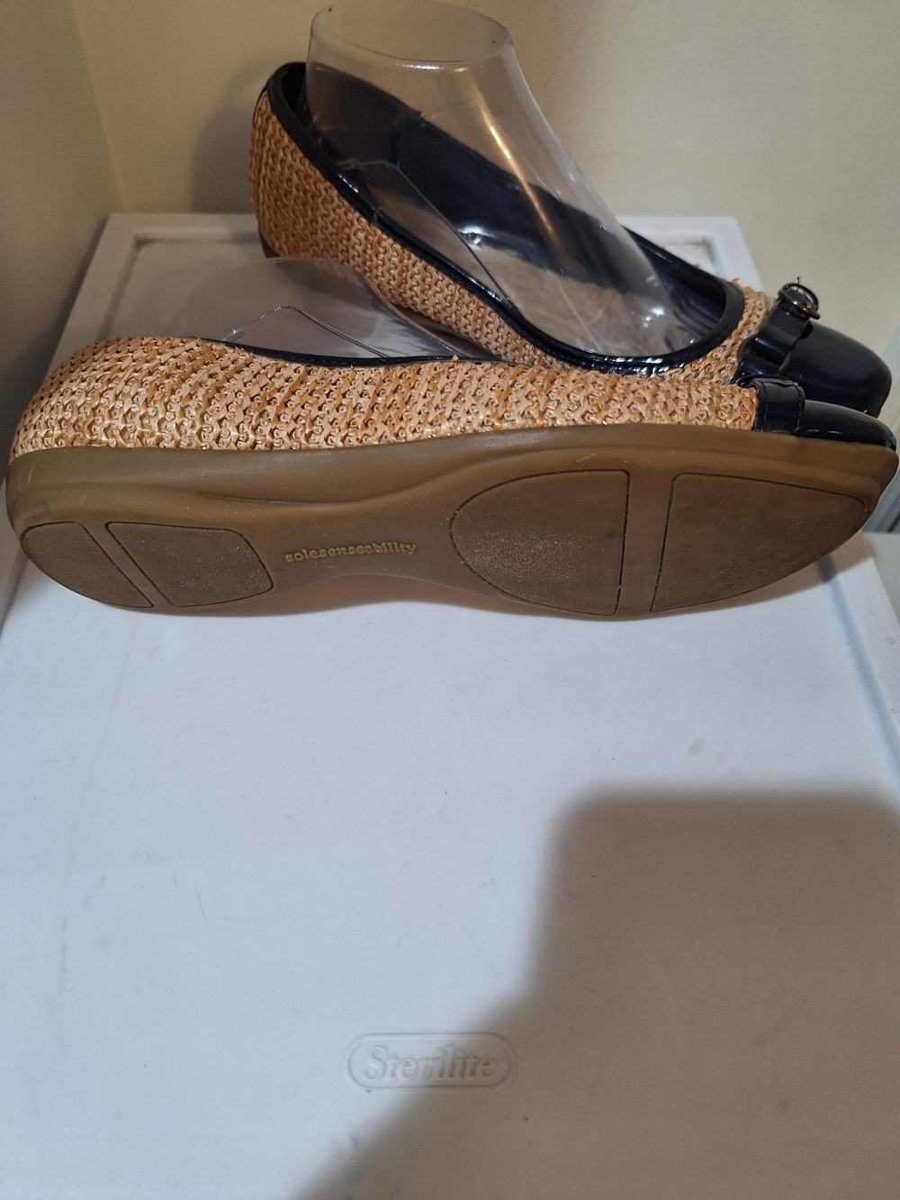 Woven Tan and Black Ballet Flats with Patent Trim